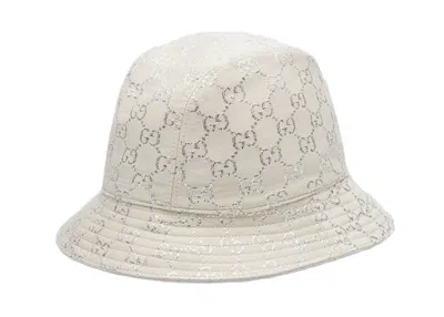 Pre-owned Gucci Men's  Gg Lame Bucket Hat In White/silver