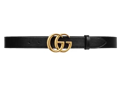 Pre-owned Gucci Men's  Gg Marmont Leather Belt With Shiny Buckle 1 Width In Black