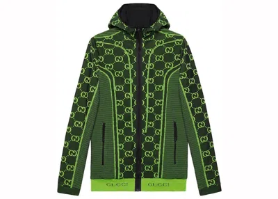 Pre-owned Gucci Men's  Gg Tubular Jersey Zip Jacket In Black/green In Multi