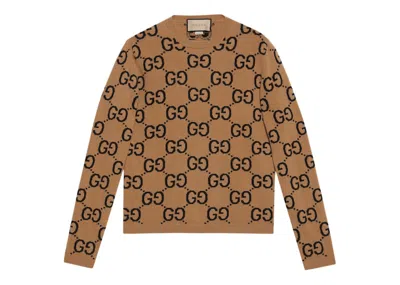 Pre-owned Gucci Men's  Gg Wool Jacquard Crewneck Sweatshirt Jumper In Camel/black