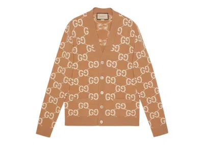 Pre-owned Gucci Men's  Gg Wool Jacquard Vneck Cardigan In Camen/ivory