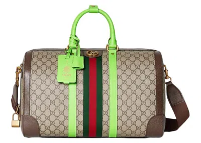 Pre-owned Gucci Men's   Savoy Medium Duffle Bag In Beige/ebony/bright Green