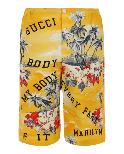 Pre-owned Gucci Men's  Hawaiian Print Bermuda Shorts In Bright Yellow