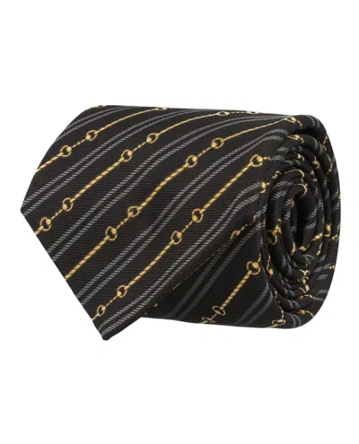 Pre-owned Gucci Men's  Horsebit Silk Jacquard Tie In Black Medium Grey