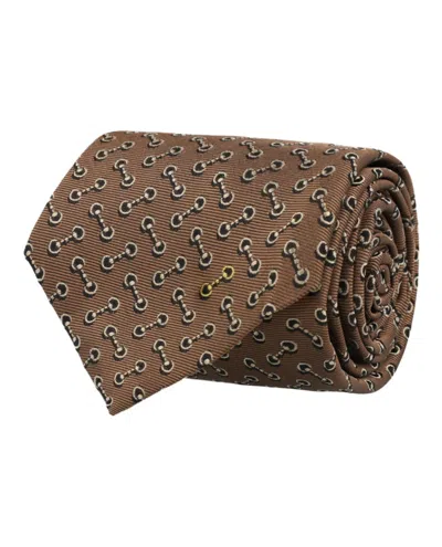 Pre-owned Gucci Men's  Horsebit Silk Jacquard Tie In Camel In Brown