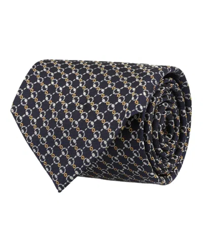 Pre-owned Gucci Men's  Horsebit Silk Jacquard Tie In Navy Blue Light Grey
