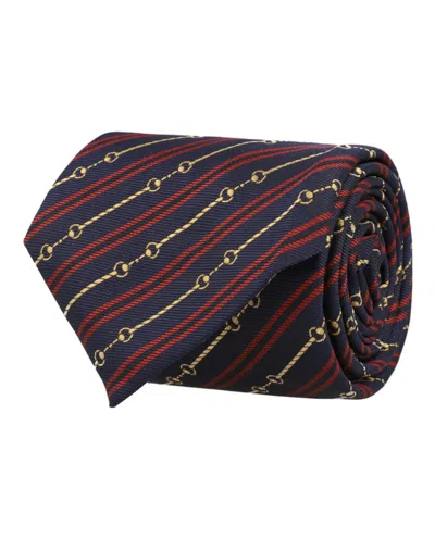Pre-owned Gucci Men's  Horsebit Silk Jacquard Tie In Navy Blue Red In Multi