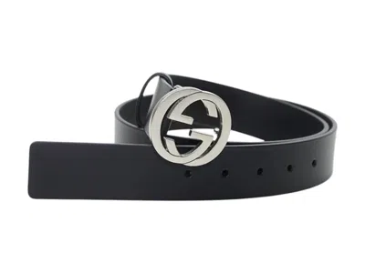 Pre-owned Gucci Men's  Interlocking G Belt Silvertone In Black