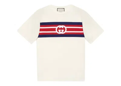 Pre-owned Gucci Men's  Interlocking G Striped T-shirt In Ivory/navy Blue/red In Multi