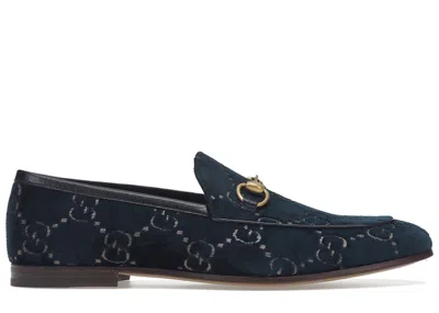 Pre-owned Gucci Men's  Jordaan Gg Loafer Velvet Sneakers In Blue/gold