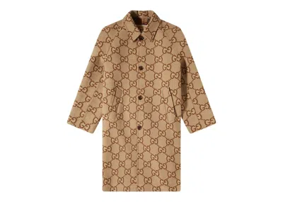 Pre-owned Gucci Men's  Jumbo Gg Canvas Wool Car Coat In Camel