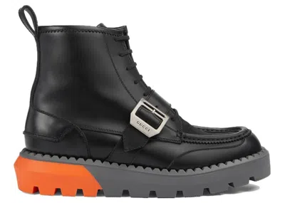 Pre-owned Gucci Men's  Lace Up Boot Buckle Sneakers In Black/orange