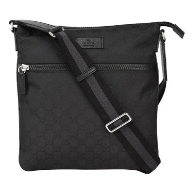 Gucci Men's  Logo Leather Logo Stripe Webbing Shoulder Strap Nylon Shoulder Messenger Bag Black