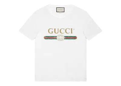 Pre-owned Gucci Men's  Logo Washed Print T-shirt In White