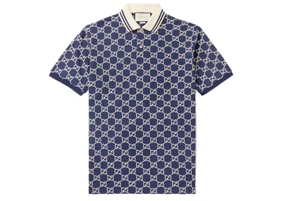 Pre-owned Gucci Men's  Logoembroidered Cotton Blend Polo Shirt In Navy Blue