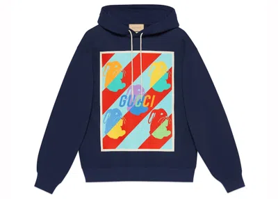 Pre-owned Gucci Men's  Lunar New Year Bunny Print Hooded Sweatshirt In Navy Blue