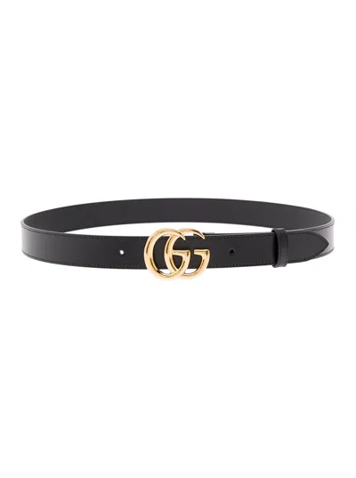 Gucci Men  Man's Black Leather Belt With Gg Golden Metal Buckle