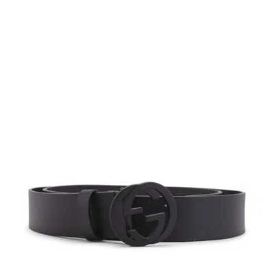 Pre-owned Gucci Men's  Matte Interlocking G Belt Leather 1.5w In Black