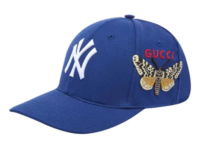 Pre-owned Gucci Men's  Ny Yankees Embroidered Butterfly Baseball Cap In Blue
