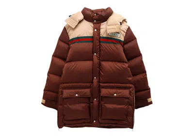 Pre-owned Gucci Men's  Nylon Satin Padded Bomber Down Coatred In Jacket Brown/beige/green
