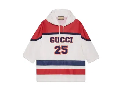 Pre-owned Gucci Men's  Patch Logo Mesh Fabric Hoodie In White Red Blue In Multi