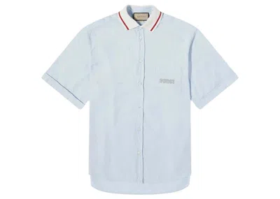 Pre-owned Gucci Men's  Pique Collar Logo Short Sleeve Shirt In Light Blue