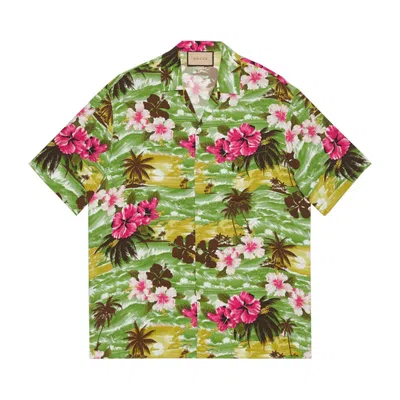 Pre-owned Gucci Men's  Printed Bowling Shirt In Green/fuchsia