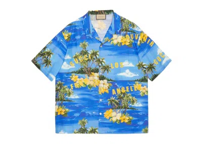 Pre-owned Gucci Men's  Printed Cotton Bowling Shirt In Blue/green/yellow