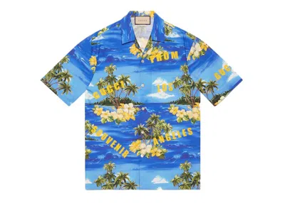 Pre-owned Gucci Men's  Printed Cotton Poplin Bowling Shirt In Blue/green/yellow