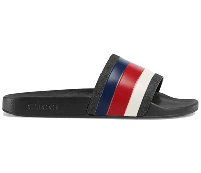 Pre-owned Gucci Men's  Pursuit Pool Slides Blue Stripe Sneakers In Black/red/white In Multi