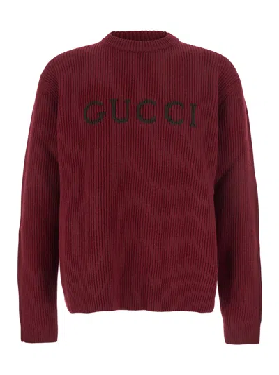 GUCCI GUCCI MEN BORDEAUX CREWNECK SWEATER WITH LOGO LETTERING EMBROIDERY ON THE FRONT IN WOOL MAN