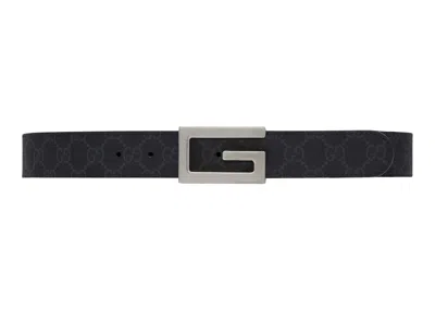 Pre-owned Gucci Men's  Reversible Belt With Square G Buckle Gg Supreme In Black