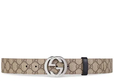 Pre-owned Gucci Men's  Reversible Gg Supreme Belt Beige/ebonyin Brown/black