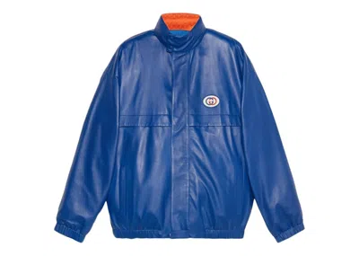Pre-owned Gucci Men's  Reversible Interlocking G Leather Jacket In Blue