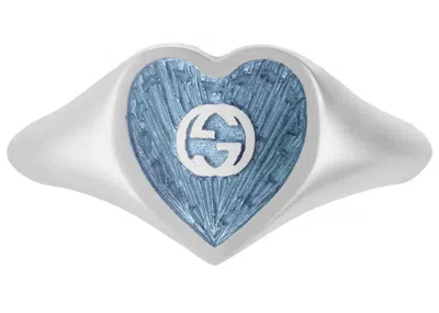 Pre-owned Gucci Men's  Ring With Interlocking G Enamel Heart In Silver/light Blue