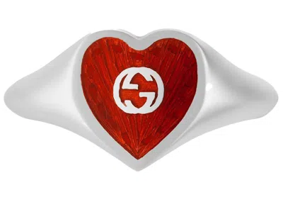 Pre-owned Gucci Men's  Ring With Interlocking G Enamel Heart In Silver/red