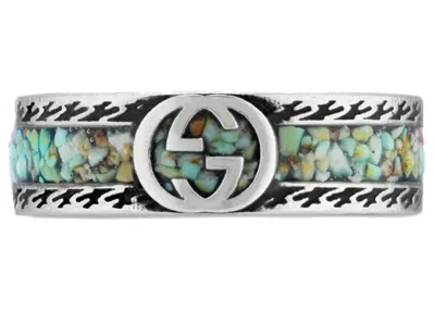 Pre-owned Gucci Men's  Ring With Interlocking G In Silver/brown/turquoise