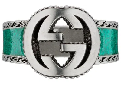 Pre-owned Gucci Men's  Ring With Interlocking G Textured Trim In Silver