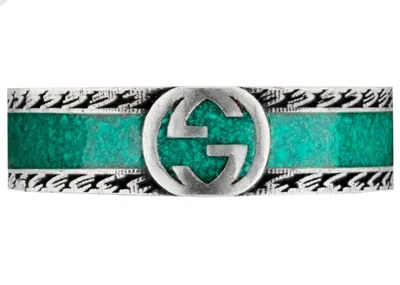Pre-owned Gucci Men's  Ring With Interlocking G Turquoise Enamel In Silver