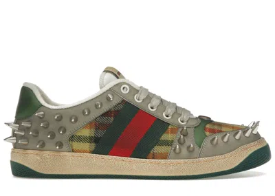 Pre-owned Gucci Men's  Screener Gg Leather Sneaker Metallic Silver Sneakers In Beige/green