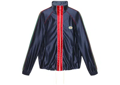 Pre-owned Gucci Men's  Shiny Jersey Jacket With Web In Blue