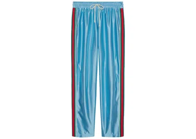 Pre-owned Gucci Men's  Shiny Jersey Jogging Pant With Web In Light Blue