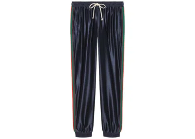 Pre-owned Gucci Men's  Shiny Jersey Pant With Web In Blue