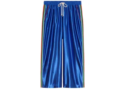 Pre-owned Gucci Men's  Shiny Jersey Pant With Web In Royal Blue