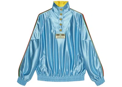 Pre-owned Gucci Men's  Shiny Jersey Sweatshirt With Web In Light Blue