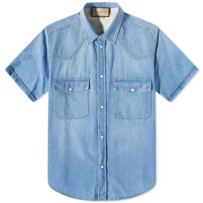 Pre-owned Gucci Men's  Short Sleeve Denim Shirt In Blue