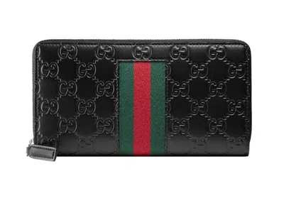 Pre-owned Gucci Men's  Signature Web Zip Around Wallet In Black