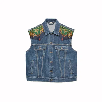 Pre-owned Gucci Men's  Silk Scarfpanelled Denim Vest In Blue