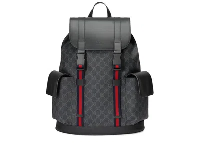 Pre-owned Gucci Men's  Soft Backpack Gg Supreme Blue/red Web In Black/grey