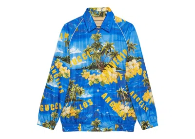 Pre-owned Gucci Men's  Souvenir From Los Angeles Print Nylon Jacket In Blue/yellow